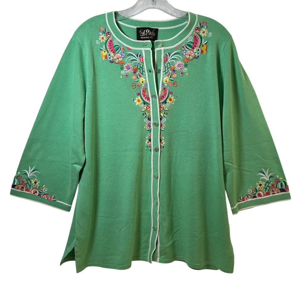 Bob Mackie Wearable Art Green Embroidered Fruit Cardigan Sweater Womens Large